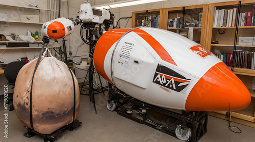 Aerospace research equipment including a rocket model and thermal testing apparatus in a laboratory setting