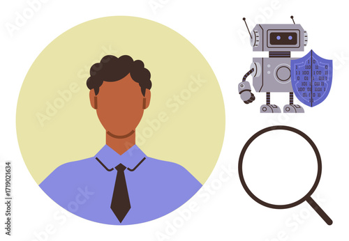 Person profile in circle, robot holding privacy shield, and magnifying glass. Ideal for cybersecurity, encryption, data protection, online security, verification AI systems digital safety. A simple