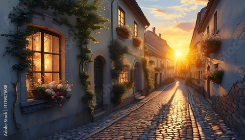 Night view of an old cobblestone street with classic European architecture and a narrow road leading through the ancient town
