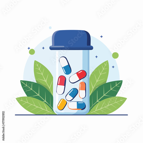 Pills falling into a clear bottle surrounded by green leaves, representing medicine and healthcare in a clean, modern style.