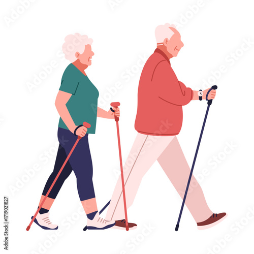 Illustration of senior couple walking with Nordic walking poles doing healthy exercise outdoors. Active lifestyle concept in flat design, cartoon style isolated on white background