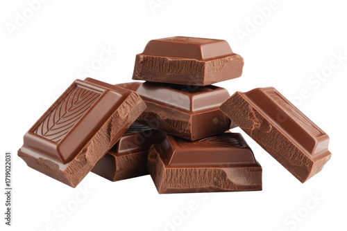 A tempting pile of milk chocolate pieces, broken and ready to be enjoyed. background removed