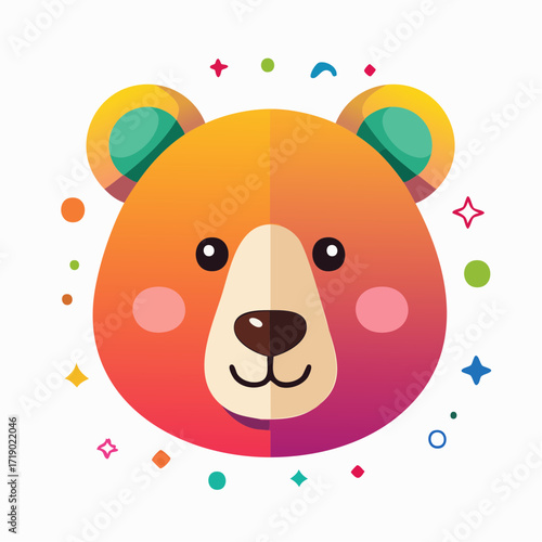 Cute bear face smiling warmly with bright gradient colors and playful stars, creating a cheerful and inviting atmosphere for children's content.
