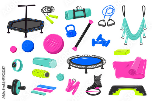 Vector set of fitness and wirkout equipment icons. Isolated on the white background. Collection gym accessories for yoga, jumping and kangoo fitness.