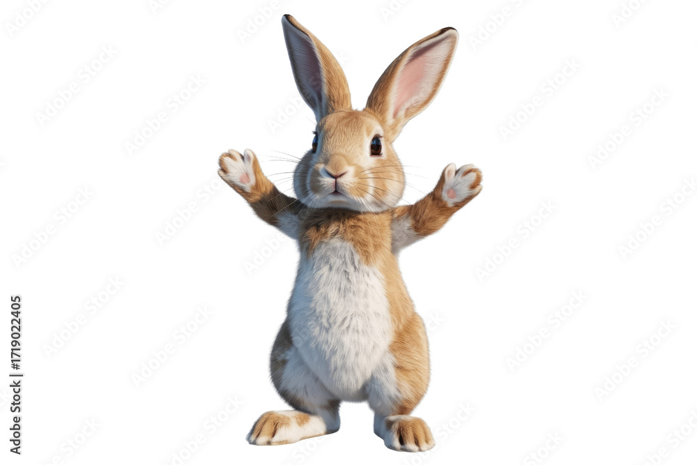 Fototapeta premium Adorable 3D render of a cute brown bunny rabbit with paws up, welcoming. background removed