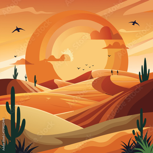 Vibrant desert landscape with rolling sand dunes and a large sun at sunset