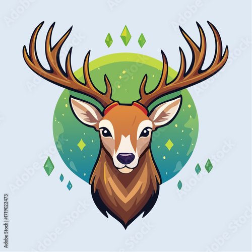 Majestic deer stares forward against a vibrant green and blue circular backdrop adorned with sparkling gems, creating a whimsical and enchanting scene.