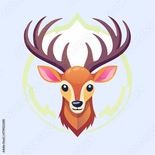 Deer stares forward with majestic antlers against a soft blue backdrop, creating a serene and captivating portrait in a minimalist style.
