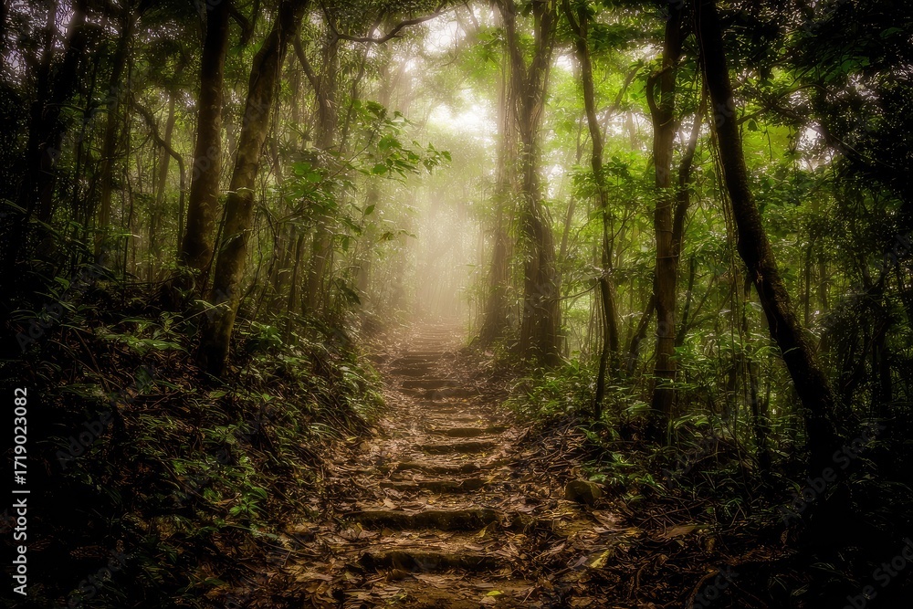 Obraz premium Misty forest path with stone steps (1)