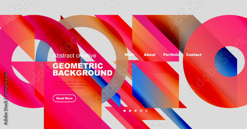 Abstract geometric design. Vibrant colors blend, creating dynamic visual experience. Website header with navigation options present.