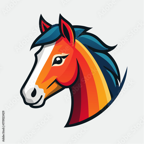 Colorful horse head stares forward with bright mane and friendly expression against a clean white backdrop, creating a vibrant and cheerful animal portrait.