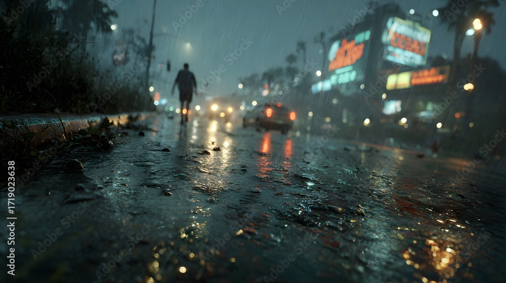 Obraz premium Rainy night city street scene with car lights and pedestrian walking away urban wet road reflection view 1