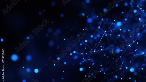 A complex network of blue interconnected nodes glowing against a dark backdrop, generating a sense of connection, data flow, & technological advancement