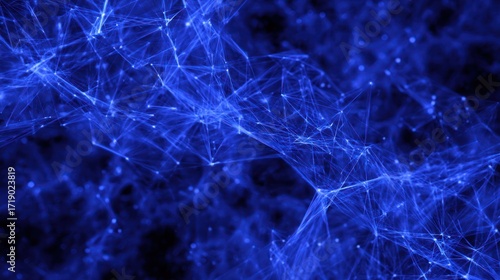 Deep blue abstract, luminous network of lines and points, evoking a sense of connection and complexity against a dark, blurred backdrop