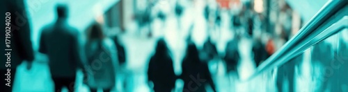 Turquoise-tinted image captures a bustling, blurred crowd moving past a metal railing in a public space, creating a sense of dynamic motion