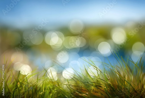 An abstract landscape shows blades of grass in foreground, blurred background, and bokeh lights reflecting blue sky and green fields
