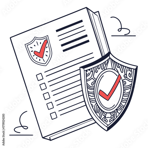 Vector art of a document with a shield, symbolizing data protection, security, and compliance, ensuring privacy and safeguarding sensitive information