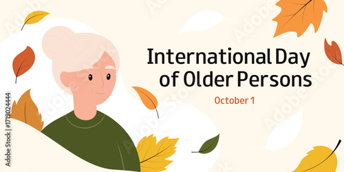 International Day of Older Persons. Elderly woman in a green jumper and autumn leaves background. Horizontal design for banner, greeting card, invitation.