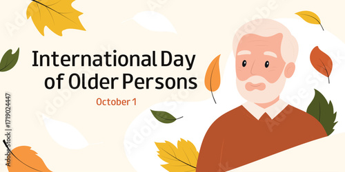 Elderly man in a red jumper and autumn leaves background. International Day of Older Persons. October 1. Horizontal design for banner, greeting card, invitation.