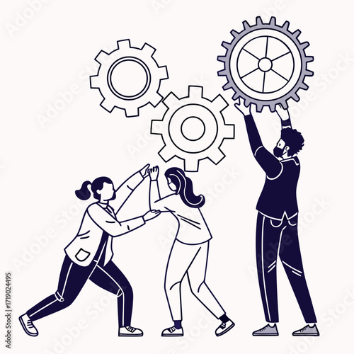 Vector art of a team of three people working together to assemble gears, symbolizing collaboration, engineering, and problemsolving