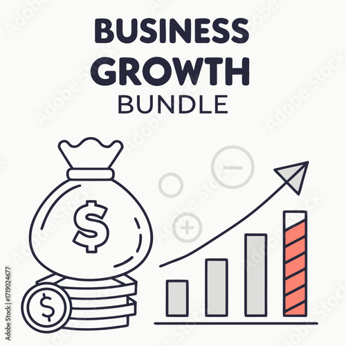 Vector art of business growth bundle illustration features money bag, coins, and upward trending graph symbolizes financial success, investment, and positive progress