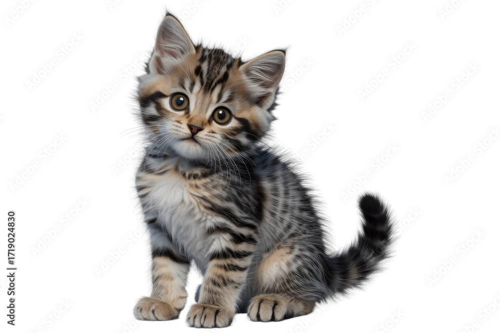 Obraz premium Adorable tabby kitten sitting, looking directly at the camera, with fluffy fur and expressive eyes. background removed