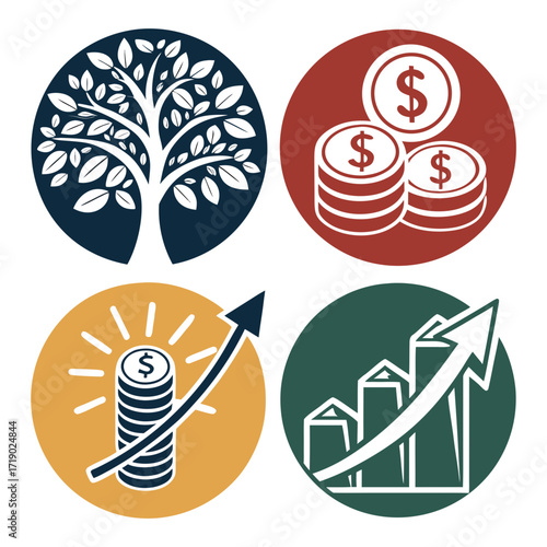 Vector art of icon set depicting financial growth, investment, and wealth accumulation through tree, coins, and rising bar graphs