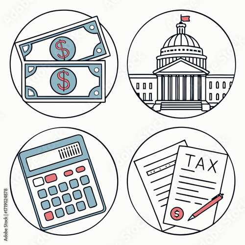 Vector art of icon set featuring money, government building, calculator, and tax form, representing finance, taxation, and economic management