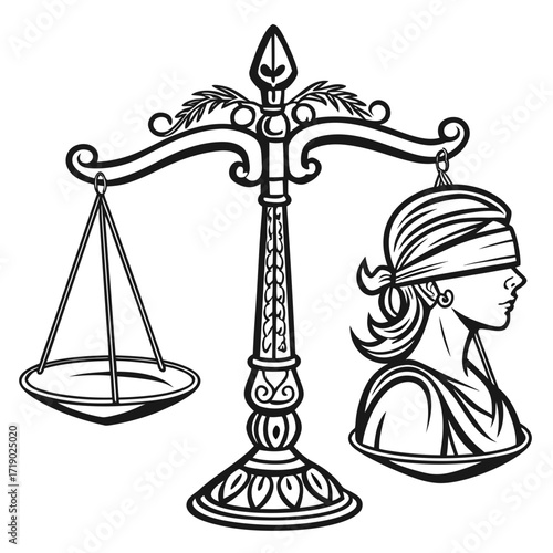 Vector art of scales of justice with blindfolded woman a symbol of fairness, equality, and impartiality in the legal system, representing the balance between rights and responsibilities
