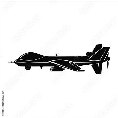Black silhouette of a military drone with propeller and payload aircraft unmanned