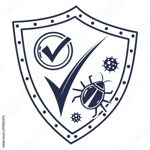 Vector art of shield with checkmark and bug symbolizing protection against threats, representing security, safety, and defense against vulnerabilities and risks
