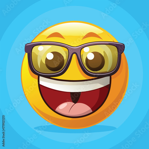 Happy yellow smiley face wearing sunglasses with a big open mouth and wide smile