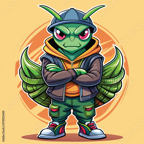 a trendy anthropomorphic grasshopper in oversized