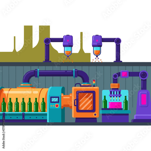 Modern automated bottling line efficiently filling glass bottles with liquid by robotic arms in a stylized factory perfect for industrial design