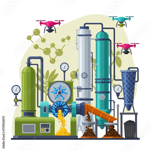 Modern industrial plant with drones monitoring operations for efficiency and innovation in sustainable energy production and resource management solutions