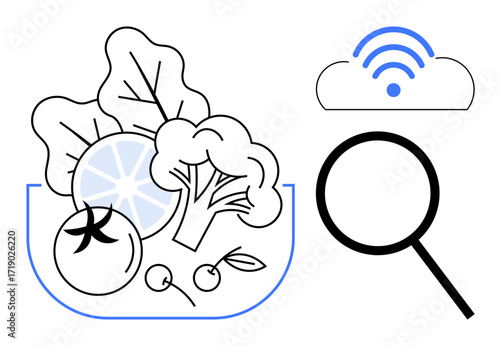 Fresh vegetables in a bowl, a wireless cloud icon, and a magnifying glass. Ideal for agriculture, technology, sustainability, innovation, research farm-to-table food safety. A simple flat metaphor