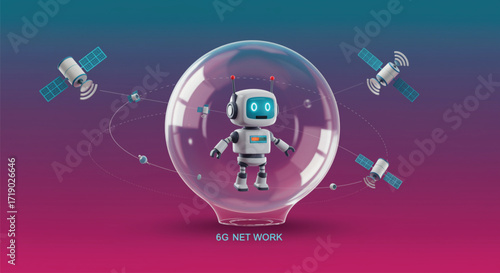 Futuristic Robot Protected by a Bubble, Illustrating 6G Network Technology. EPS Vector