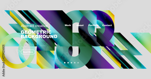 Vibrant abstract geometric background. Modern design features flowing shapes, text overlays, navigation elements. Bright colors dominate composition.