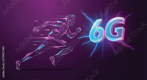 A vibrant, stylized illustration depicts a person running at high speed, representing the rapid advancement of 6G technology. EPS Vector