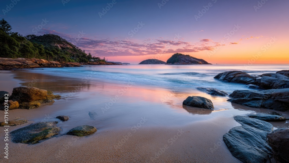 Naklejka premium Serene sunrise over tranquil beach