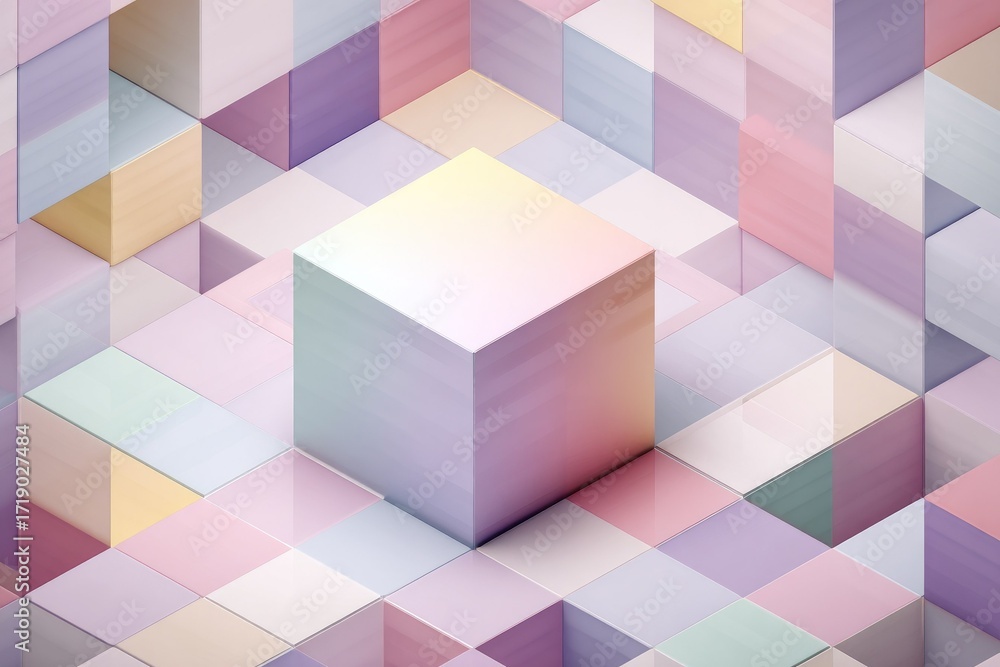 Pastel cube centered on a field of tilted pastel rectangles