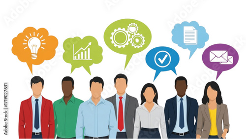 Vector Business Teamwork and Communication Icons – Flat Minimalist People with Speech Bubbles Illustration