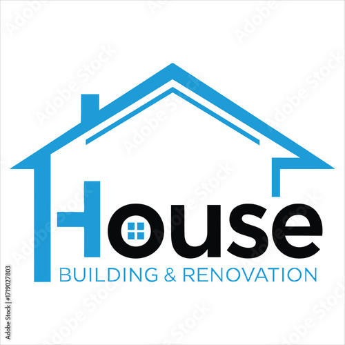 Blue house outline logo with text building and renovation home construction