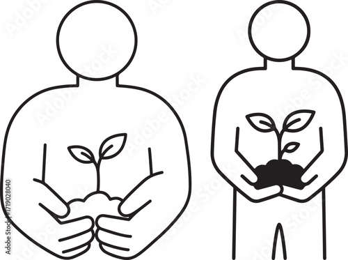Two people holding seedlings in their hands silhouette