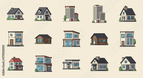 Collection of various house and building illustrations.