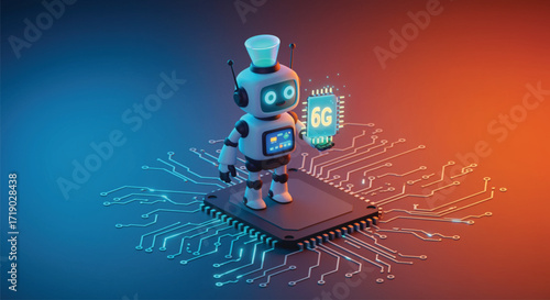 Futuristic Robot Displays 6G Technology on a Circuit Board. A stylized cartoon robot stands on a circuit board, holding a chip with the 6G symbol. EPS Vector