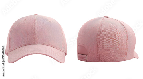 Two views of a soft, light pink baseball cap