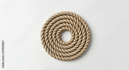 Coiled beige battle rope on white background, durable fitness equipment for training