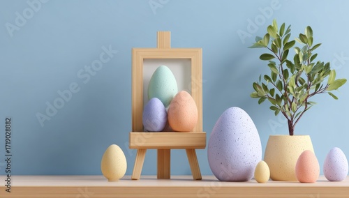 Pastel Easter eggs on a wooden easel, alongside a small plant, on a light blue wall