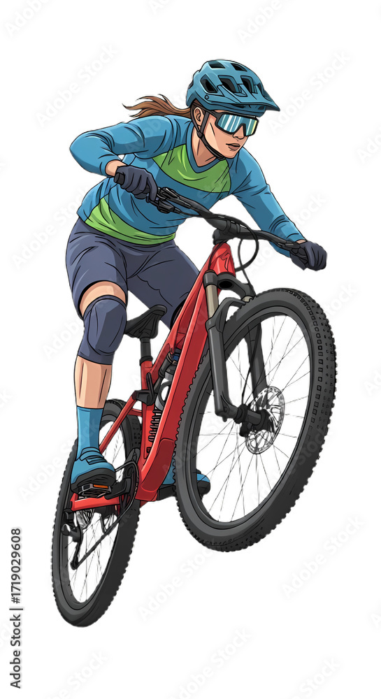 Fototapeta premium Female Mountain Biker Performing Jump on Red Full Suspension Bike.